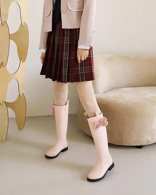 女童靴子冬季儿童高筒靴小女孩加绒中大童靴学生公主高跟皮靴粉色a款