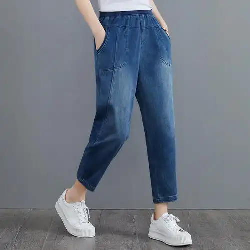 妈妈九分牛仔裤女哈伦夏季薄款四十岁天丝黑色中年薄夏萝卜裤裤子