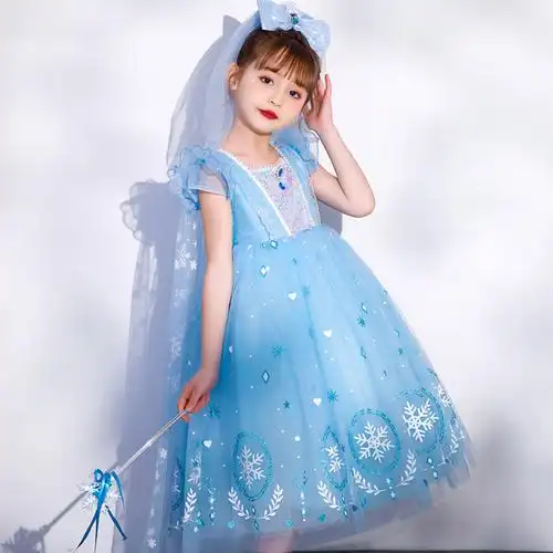 夏季新款2023冰雪奇缘公主裙蓝色彩灯艾莎裙子女童连衣裙一件代发