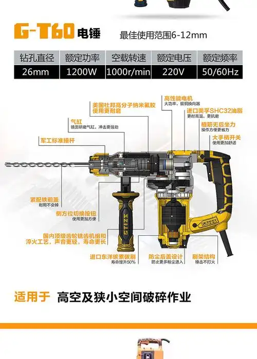 单用电锤 gt60 8-26mm 1200w (单功能/方柄四坑) 钢铁战士
