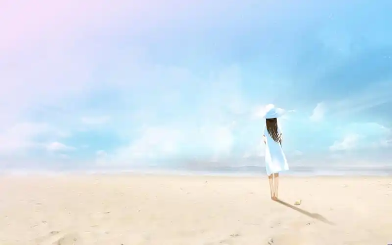 动漫风唯美海边的女孩背影ppt文案背景图片素材