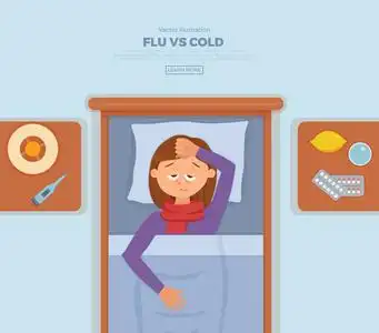 生病的女孩在床上与感冒, 流感的症状照片