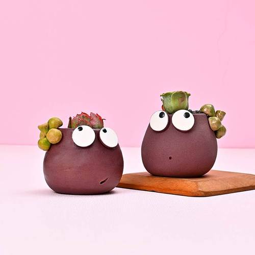 言下可爱卡通山竹简约迷你拇指多肉花盆透气桌面陶瓷摆件生日礼物