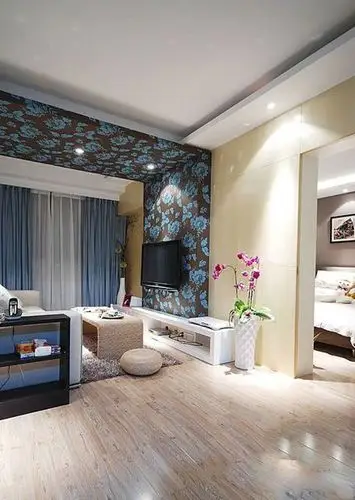 小户型60平方米二室二厅现代简约风格家庭客厅花瓶电视背景墙吊顶装修