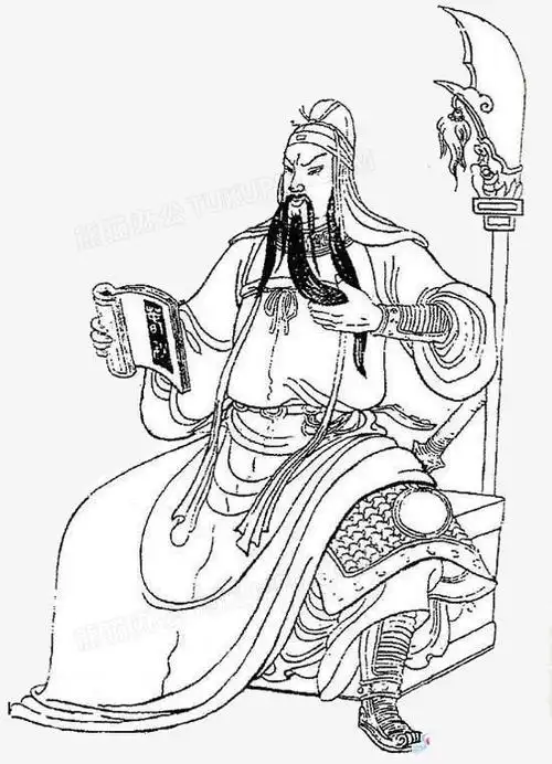 本作品全称为《黑色中国手绘精美线描关公画像创意元素》,在整个配色