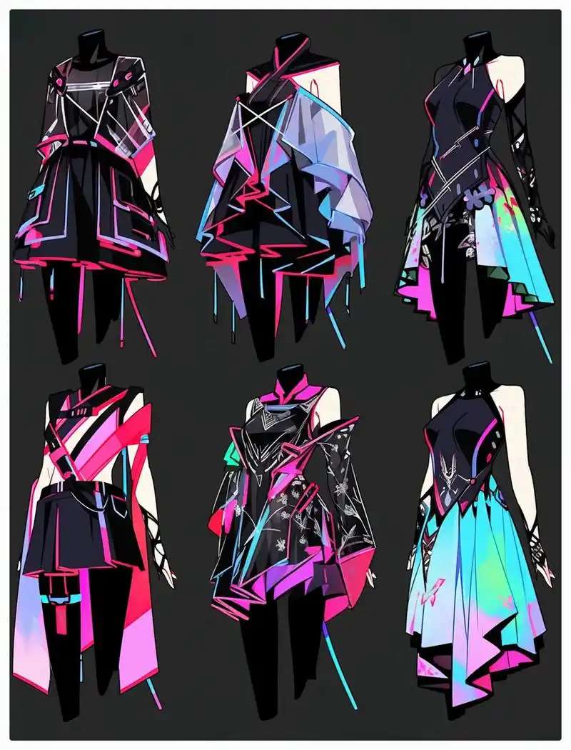 组极具未来色彩的服装设计展示效果图,真是别具一格的赛博朋克风系列