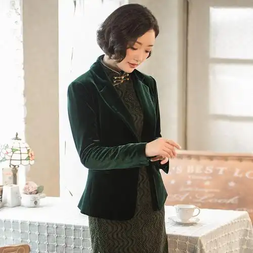 西河 西装外套女2019春季新款丝绒旗袍外套搭配旗袍的外套