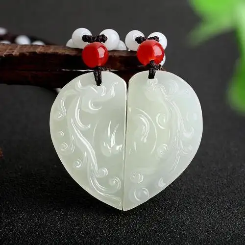 阿富汗白玉龙凤牌项链龙凤吊坠情侣款男女爱心方牌月牙情人节项链