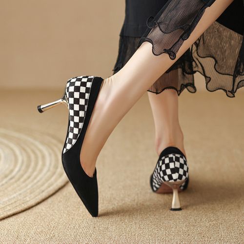 气质尖头高跟鞋女细跟真皮浅口单鞋女气质高级感棋盘格女鞋子
