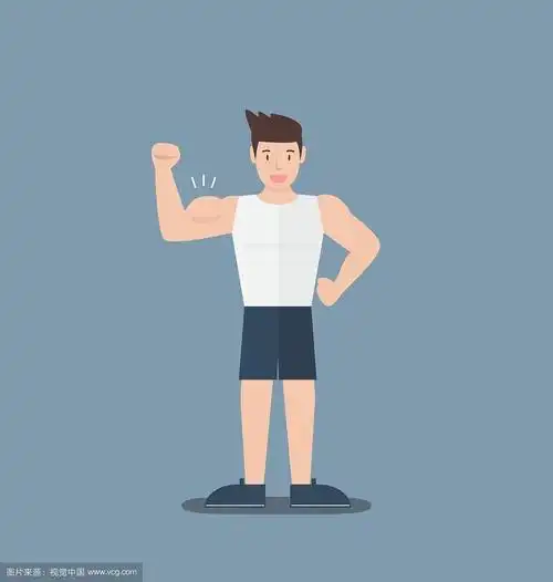 健身房健身肌肉发达的卡通男子展示二头肌平坦