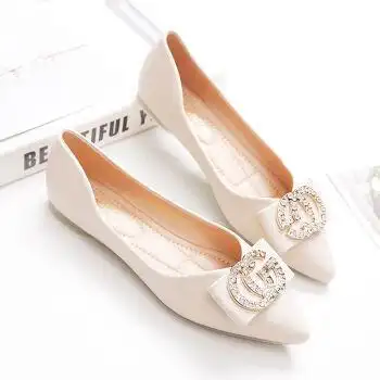 wang韩版2022春季新款尖头单鞋网红平底鞋软底镶钻女鞋平底豆豆鞋浅口