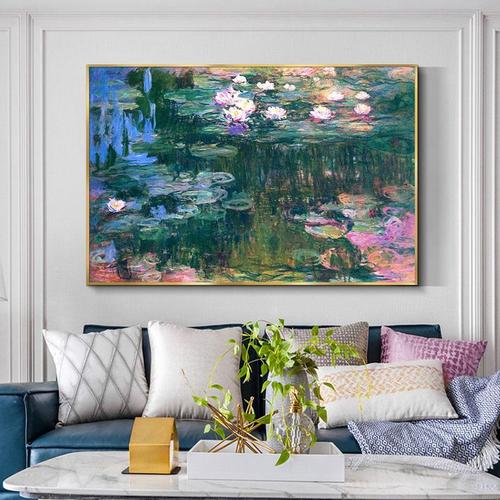 莫奈油画定制睡莲荷花客厅挂画欧式印象派装饰画轻奢玄关手绘壁画