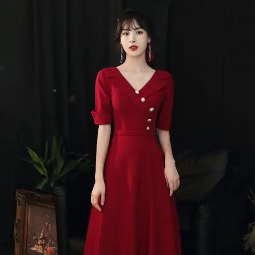 敬酒服新娘女2021新款酒红色春秋结婚回门订婚连衣裙礼服平时可穿