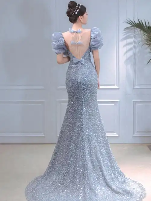 高级又少女感十足蓝色鱼尾礼服兰州婚纱店