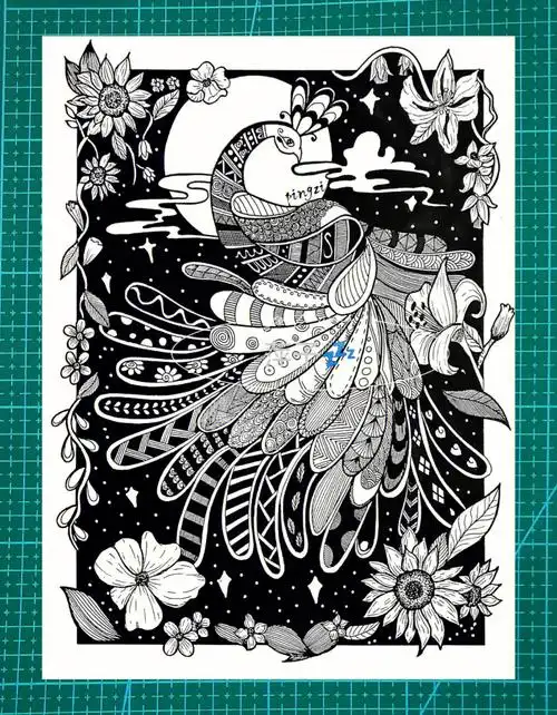 黑白线描装饰画孔雀