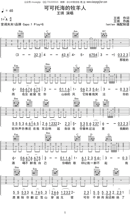 王琪可可托海的牧羊人吉他谱g调吉他弹唱谱