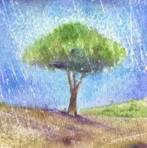 下大雨水彩树