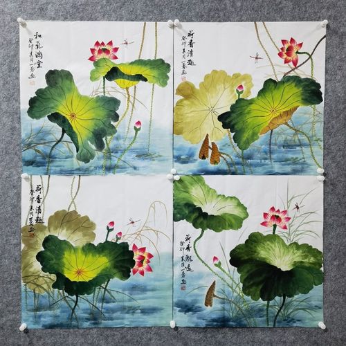 荷花纯手绘荷花鱼连年有余玄关画写意花鸟画手工山水彩绘清仓方形