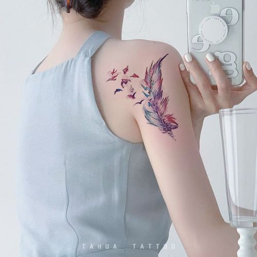 她画羽毛锁骨古风纹身贴女生性感图案遮疤痕防水女持久肚脐眼肚子