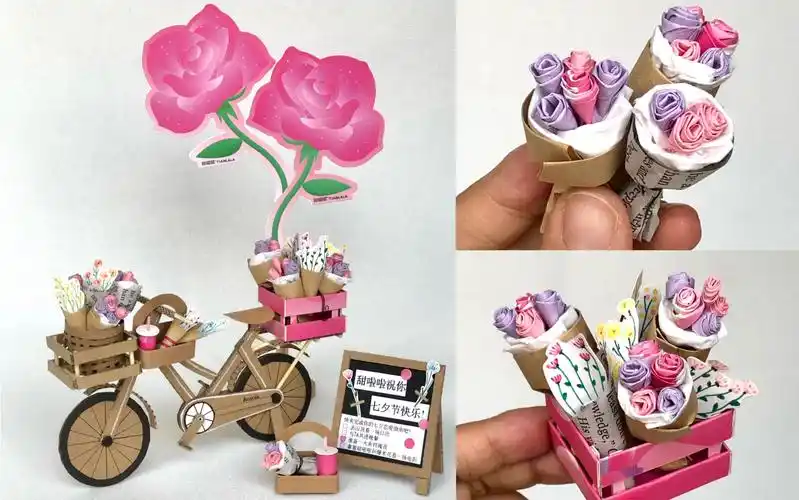 纸箱手工diy七夕浪漫鲜花自行车小摊制作教程