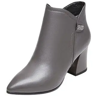 康奈女鞋 2017冬款加绒棉靴尖头粗跟皮鞋1273915时尚高跟短鞋女潮