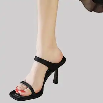 外贸高跟鞋女黑色复古方头露趾一字带细跟夏半凉拖性感网红罗马鞋