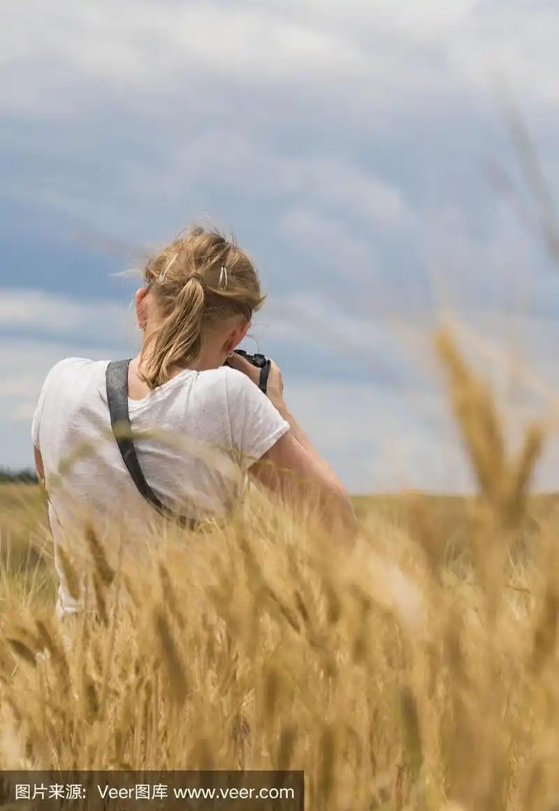在欧洲意大利的麦田里拍摄托斯卡纳风景时,老女人看着照相机的背影
