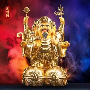 三面大黑天神像全铜贴金12/16/19寸日本财神佛像佛堂店铺供奉摆件