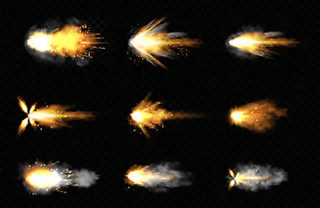 矢量逼真的枪口闪光,带火焰的飞行子弹,火花和在透明背景上隔离的烟雾