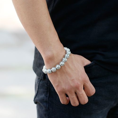 梓君足银手链男士复古百福串珠刻字银佛珠手串手工银珠子手链男