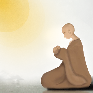 禅意和尚与小孩蓝色荷花池卡通小和尚佛陀节海报水墨彩绘茶佛禅意礼佛