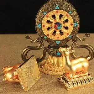 藏传佛教密宗特大铜合金彩绘镀金双鹿法轮宝佛堂供具摆件法器大号