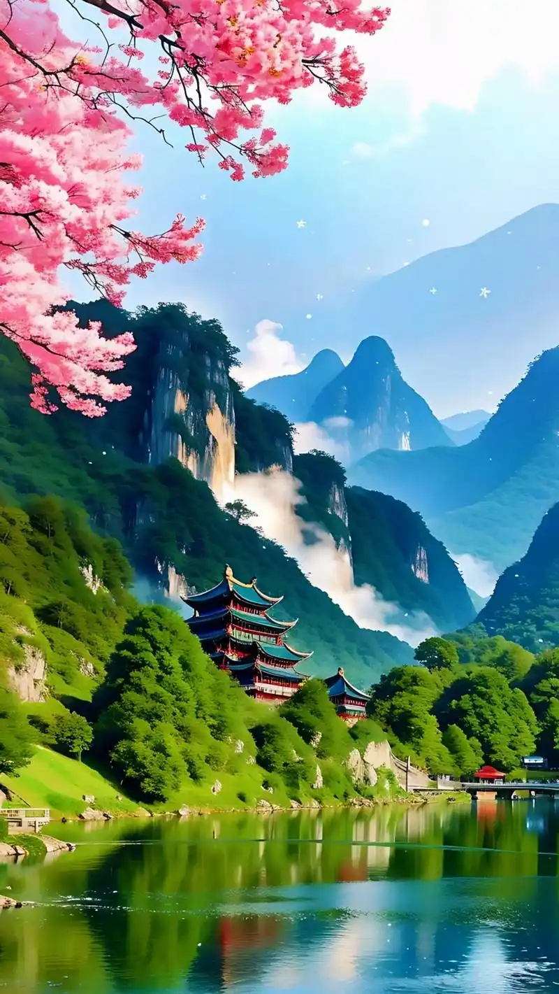 人间仙境世外桃源江南小镇,春天的桂林山水美景,青山绿水,红色的
