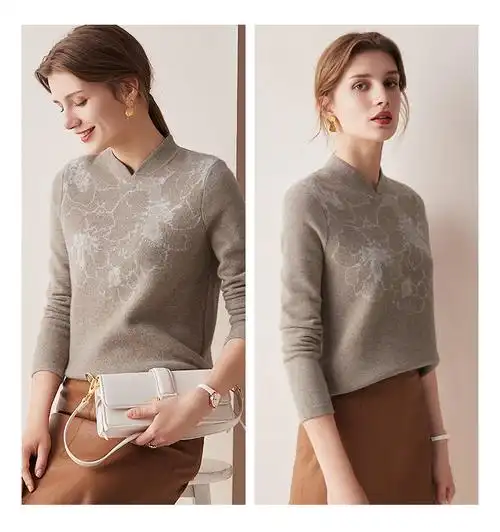 兆君2021秋冬中式立领纯羊绒衫女时尚嵌花休闲外穿毛衣加厚针织衫米