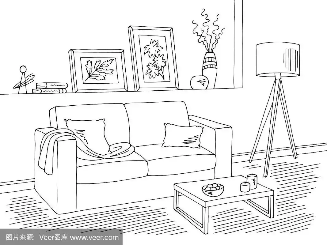 客厅图形黑白家居室内素描插图矢量