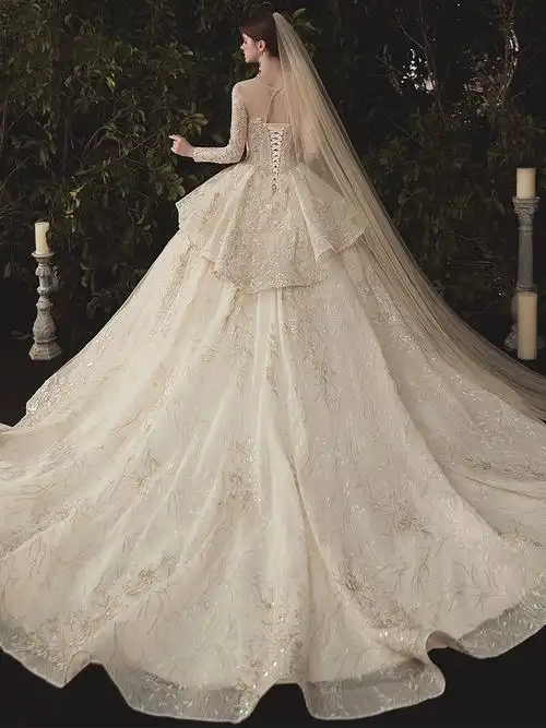 主婚纱2022新款新娘女森系超仙梦幻夏季长袖礼服显瘦豪华奢侈拖尾