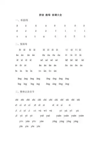 拼音韵母音调大全
