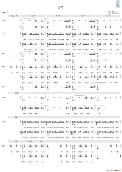 少年(简和谱)_写轮指钢琴即兴个人制谱园地_中国曲谱网