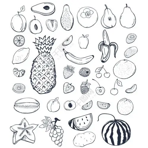 素材免费下载,本次作品主题是水果卡通黑白线条矢量涂鸦装饰元素合集