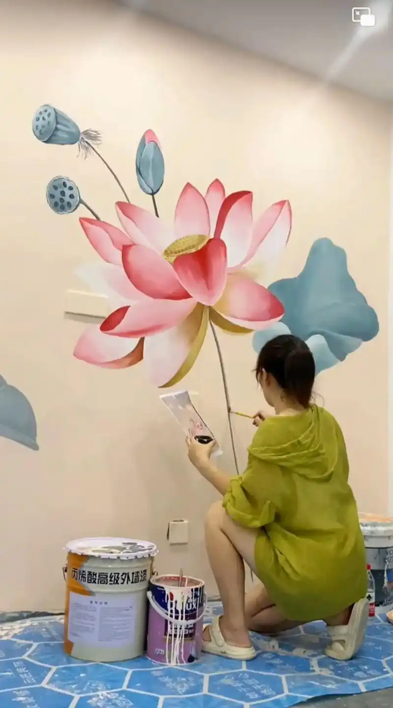 手绘荷花#工笔花鸟墙绘# - 抖音