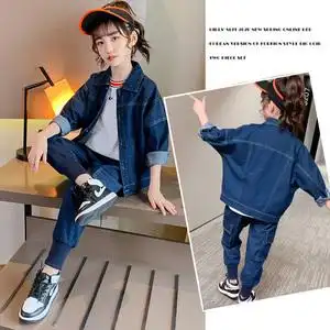 女童牛仔套装潮流个性有范霸气小孩子秋季新款衬衫裤子一身衣服.