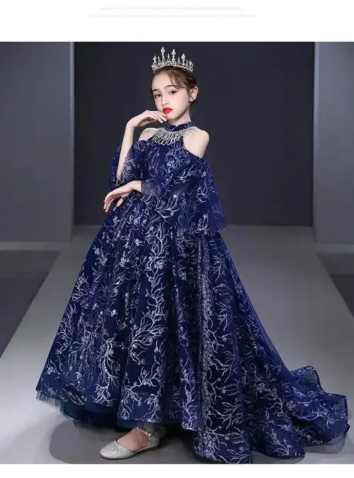 女童礼服裙主持人洋气走秀儿童拖尾晚礼服蓬蓬纱小女孩生日公主裙