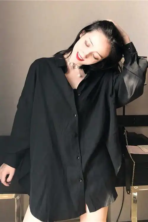 黑衬衫女长袖2019春秋韩范ins新款网红港风洋气男友风宽松衬衣潮