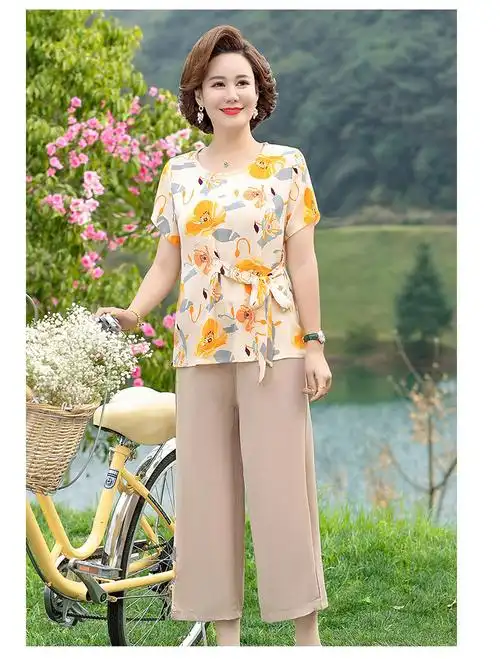 矮个子微胖女生穿搭四十岁年轻妈妈夏装两件套中老年女雪纺短袖t恤