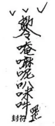 念咒完毕,要行踏罡步斗,再焚烧收魂符七道,迅速将棺盖盖上,在小棺外扎