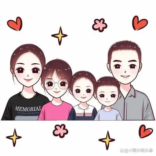 卡通动漫风头像,一家五口温馨全家福,精致家庭手绘头像
