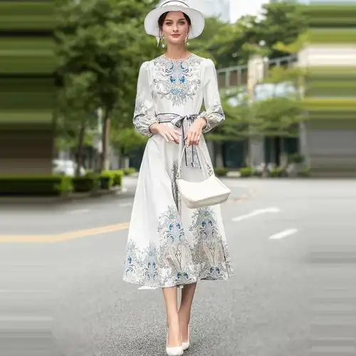 欧洲站2020年秋季时尚名模走秀新款气质女装长裙修身印花连衣裙女