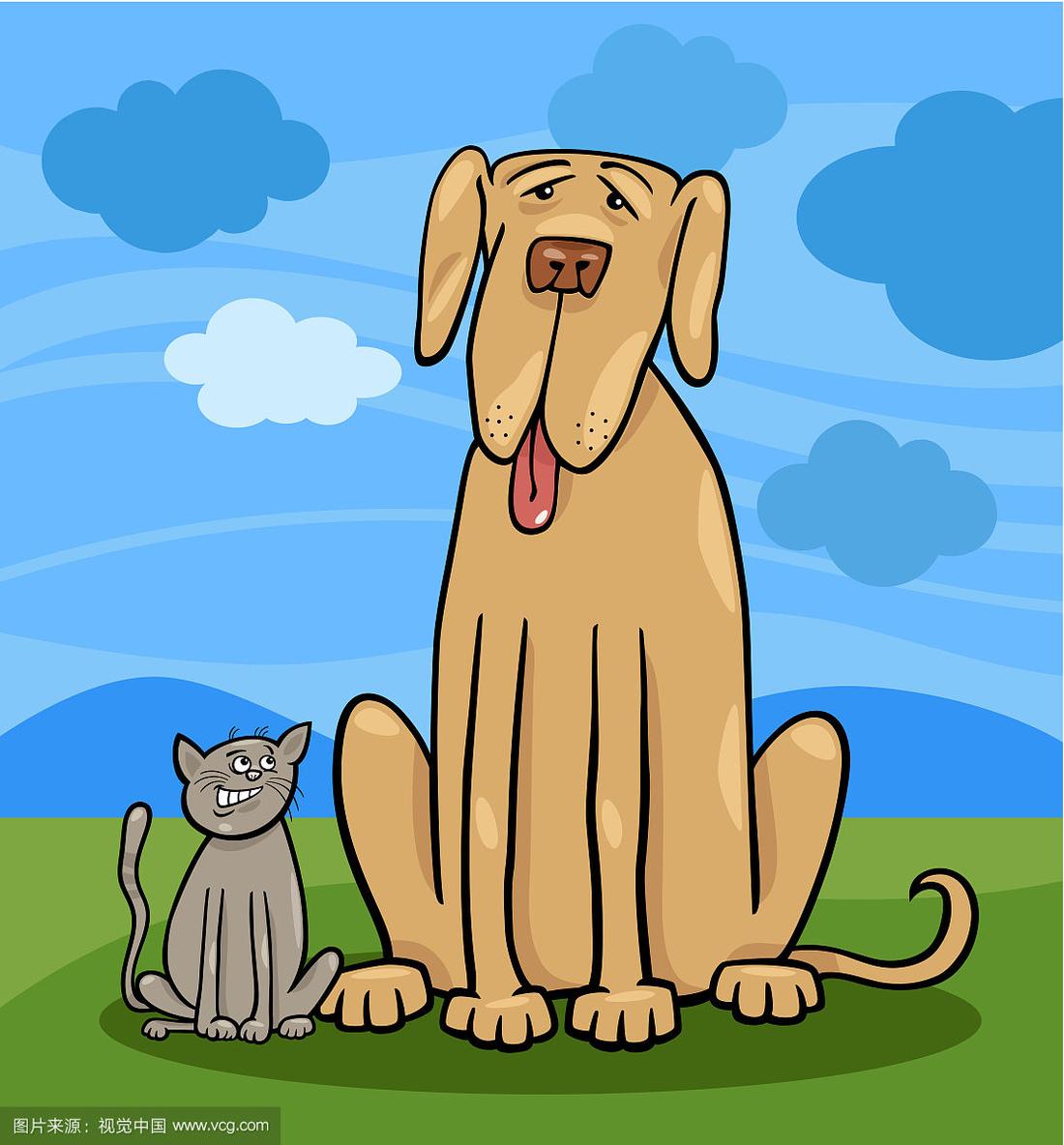 小猫和大狗的卡通插图