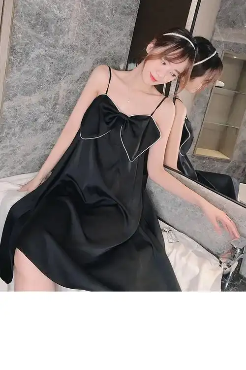 夏季冰丝短款性感吊带睡裙法式女蝴蝶结公主风甜美短裙冰丝睡衣女式