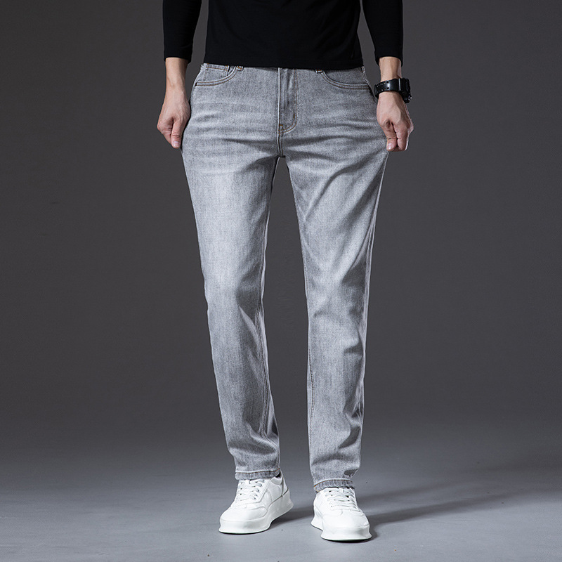 怀旧蓝牛仔裤男修身高腰弹力不起球小直筒裤男士抗皱柔软垂顺长裤